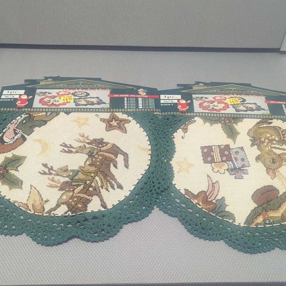 Set of 2 Vintage Christmas Tapestry Doilies Green Crochet Lace 14